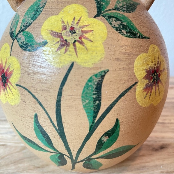Vintage Tonala Mexican Terracotta and Yellow Floral Pottery Jug Vase - Picture 2 of 8